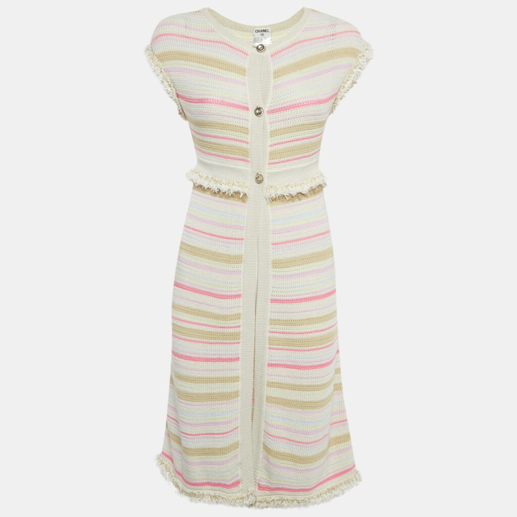 Chanel Cream/Pink Striped Knit Short Sleeve Cardigan S