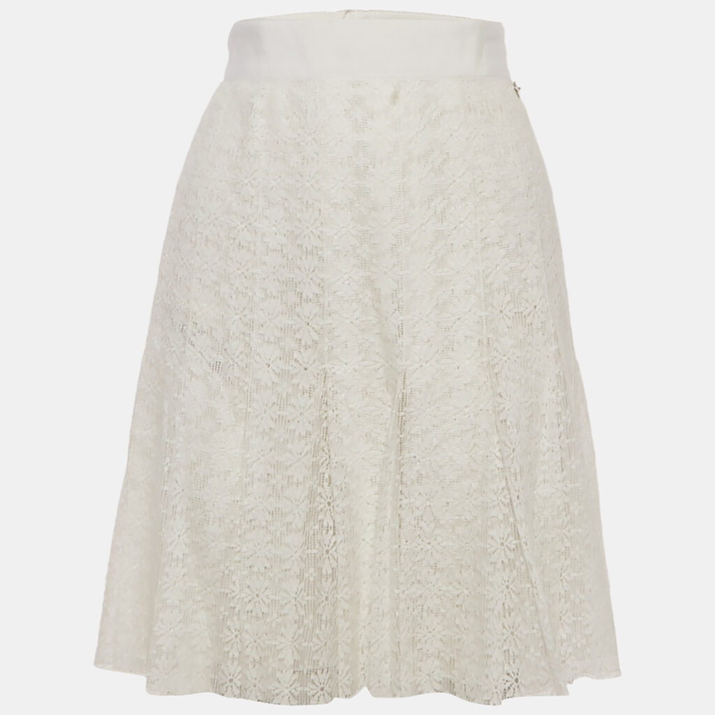 Chanel White Floral Lace Pleated Mini Skirt M