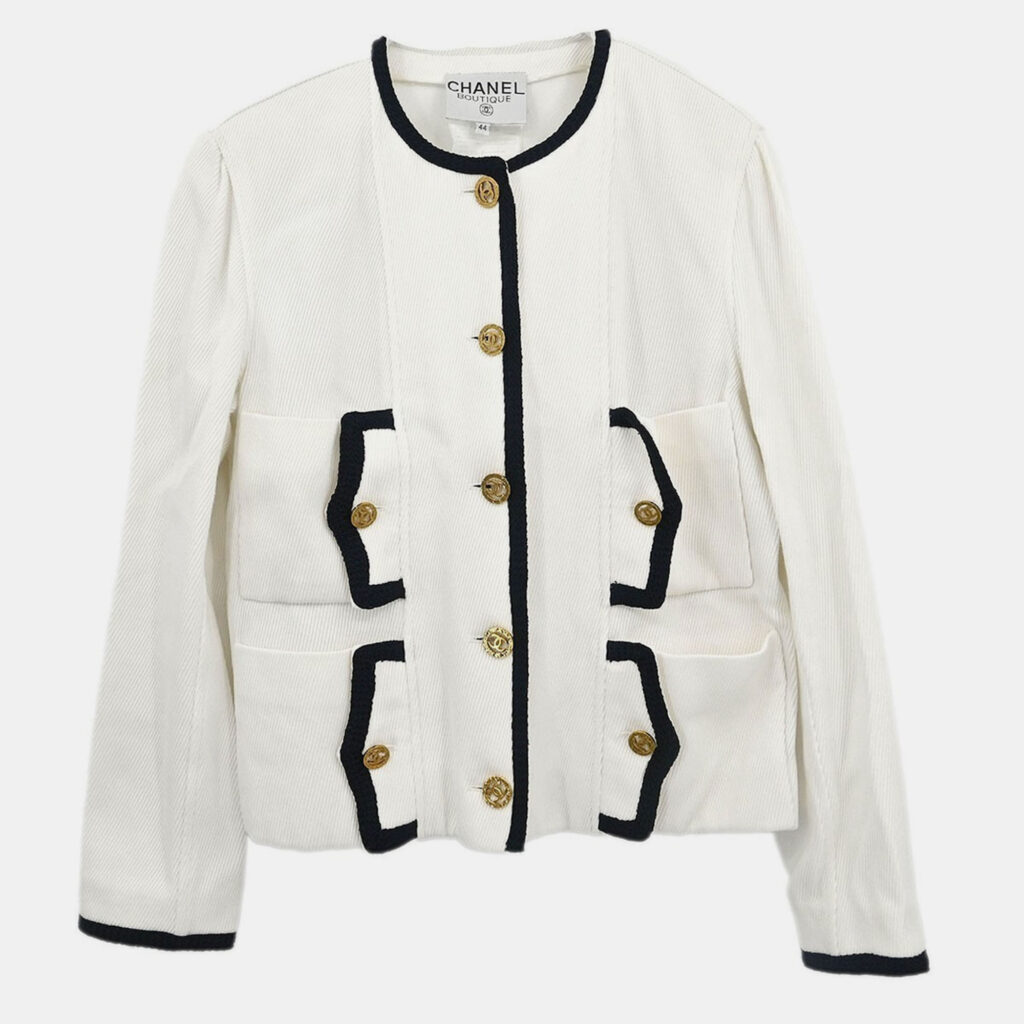Chanel Single Breasted Collarless Jacket White Size L Chanel Single Breasted Collarless Jacket White Size L
