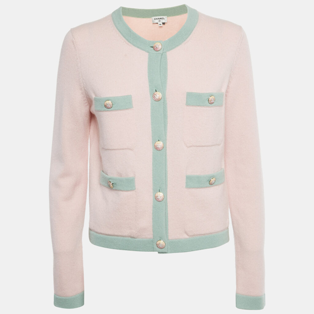 luxury-women-chanel-used-clothes-p1229041-002-1.jpg Chanel Pink /Mint Green Cashmere Pocket Front Cardigan M