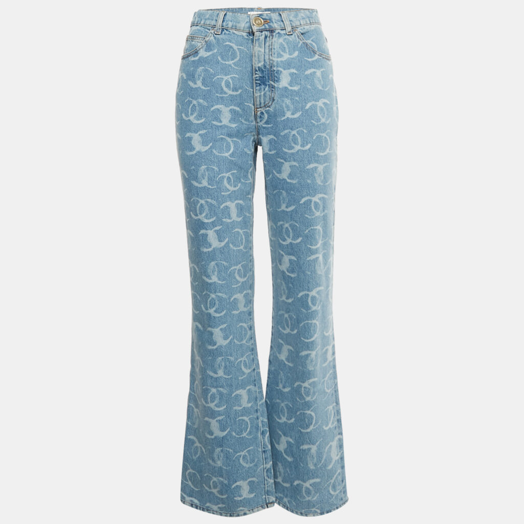 luxury-women-chanel-used-clothes-p1229437-005-1.jpg Chanel Blue CC Pattern Denim Sequin Pocket Jeans M/Waist 28"