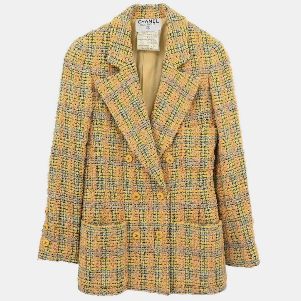 Chanel Double Breasted Jacket Tweed Yellow 94A #36 Chanel Double Breasted Jacket Tweed Yellow 94A #36