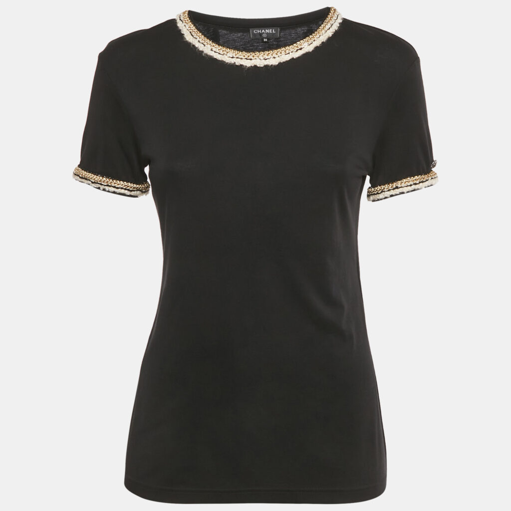 Chanel Black Braided Trim Jersey T-Shirt S Chanel Black Braided Trim Jersey T-Shirt S