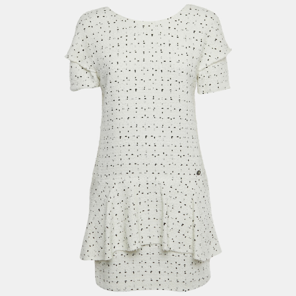 Chanel White Patterned Tweed Flared Mini Dress M