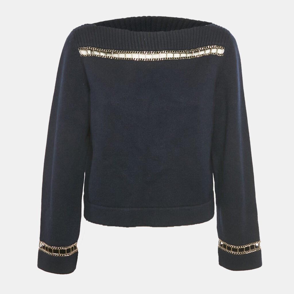 Chanel Navy Blue Cut-Out Chain Cashmere Sweater S