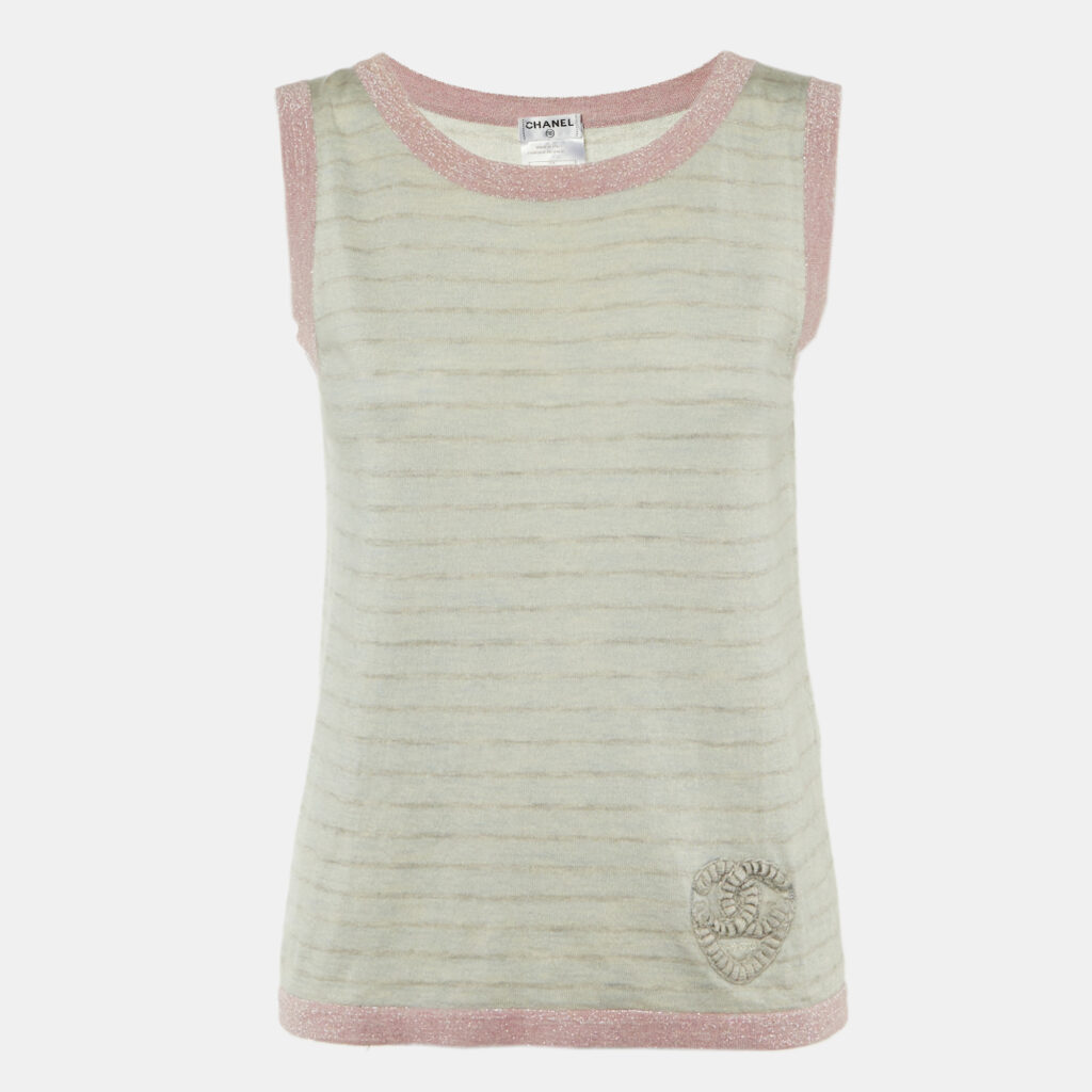 luxury-women-chanel-used-clothes-p1236614-001-1.jpg Chanel Grey Patterned Sleeveless Cashmere Blend Knit Top L