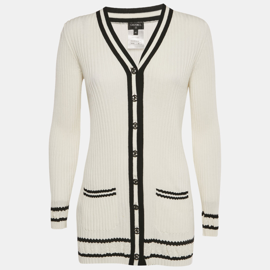 Chanel White Rib Knit Button Detail Cardigan M Chanel White Rib Knit Button Detail Cardigan M