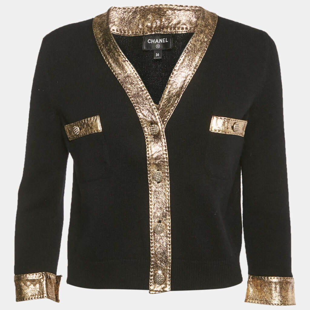 Chanel Black/Metallic Coated Leather Trim Cashmere Cardigan S Chanel Black/Metallic Coated Leather Trim Cashmere Cardigan S