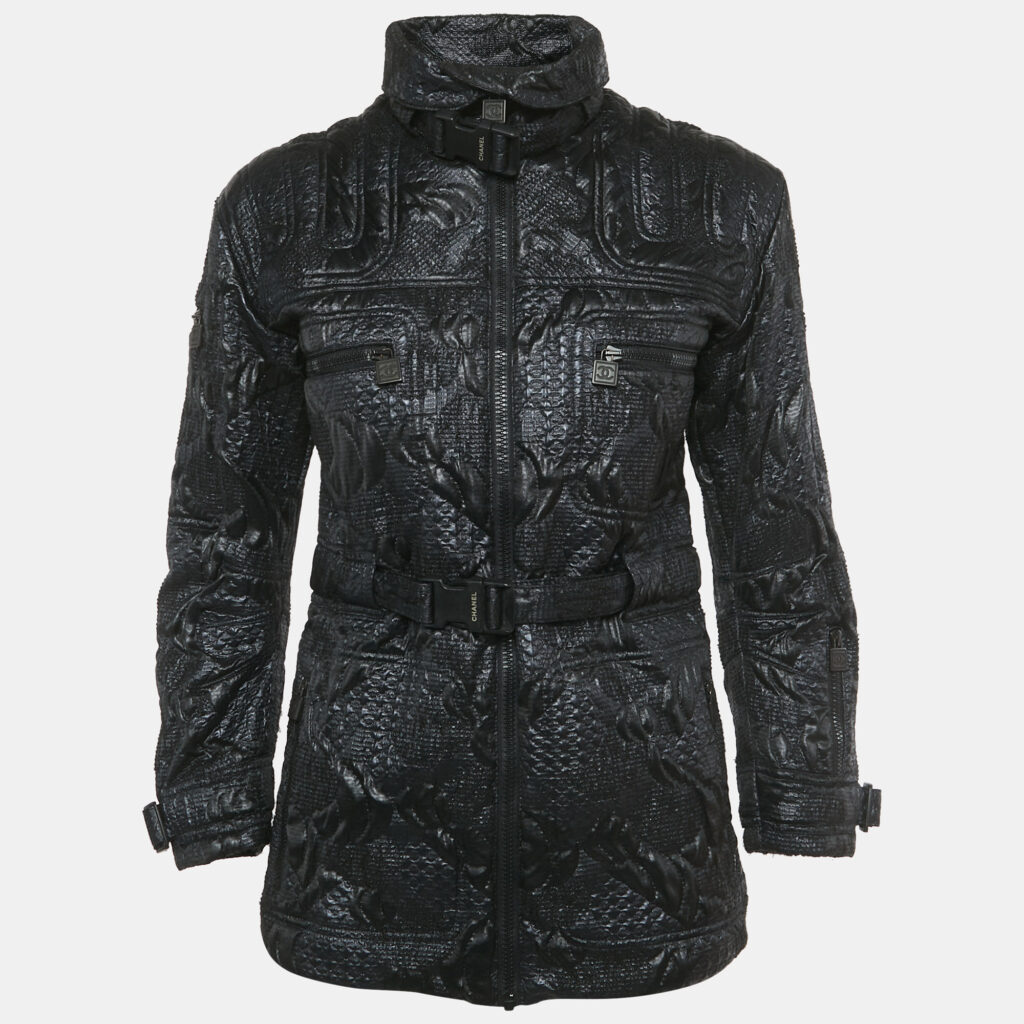 Chanel Navy Blue Jacquard Zip-Up Jacket S Chanel Navy Blue Jacquard Zip-Up Jacket S