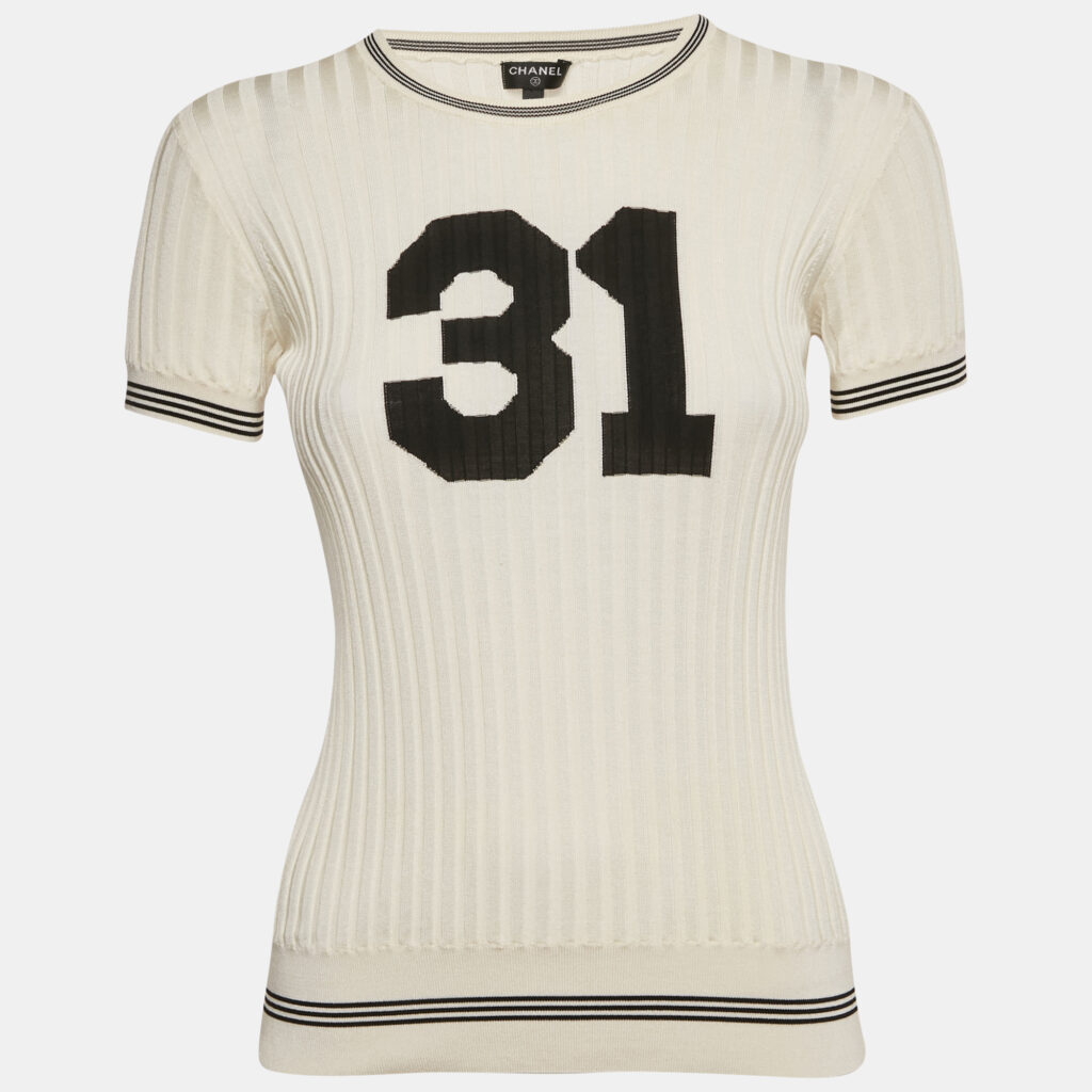 Chanel Ivory 31 Intarsia Rib Knit Top M