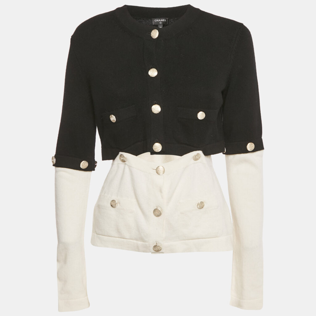luxury-women-chanel-used-clothes-p1242547-003.jpg Chanel Black/White Cashmere Detachable Button Detail Cardigan M