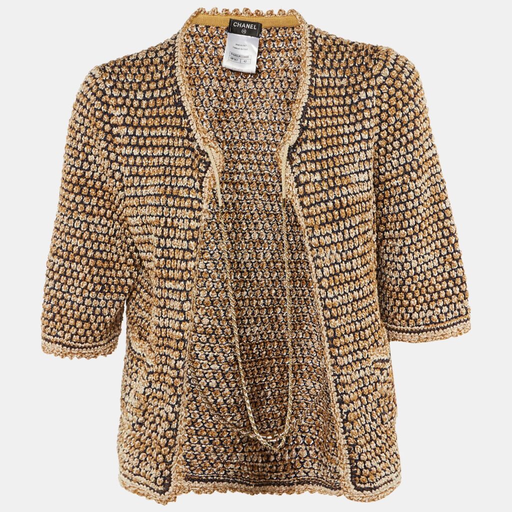 Chanel Navy Blue /Beige Tweed Chain Detail Open front Cardigan L