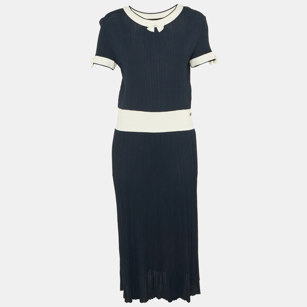 Chanel Navy Blue Knit Bow Detail Maxi Dress M Chanel Navy Blue Knit Bow Detail Maxi Dress M