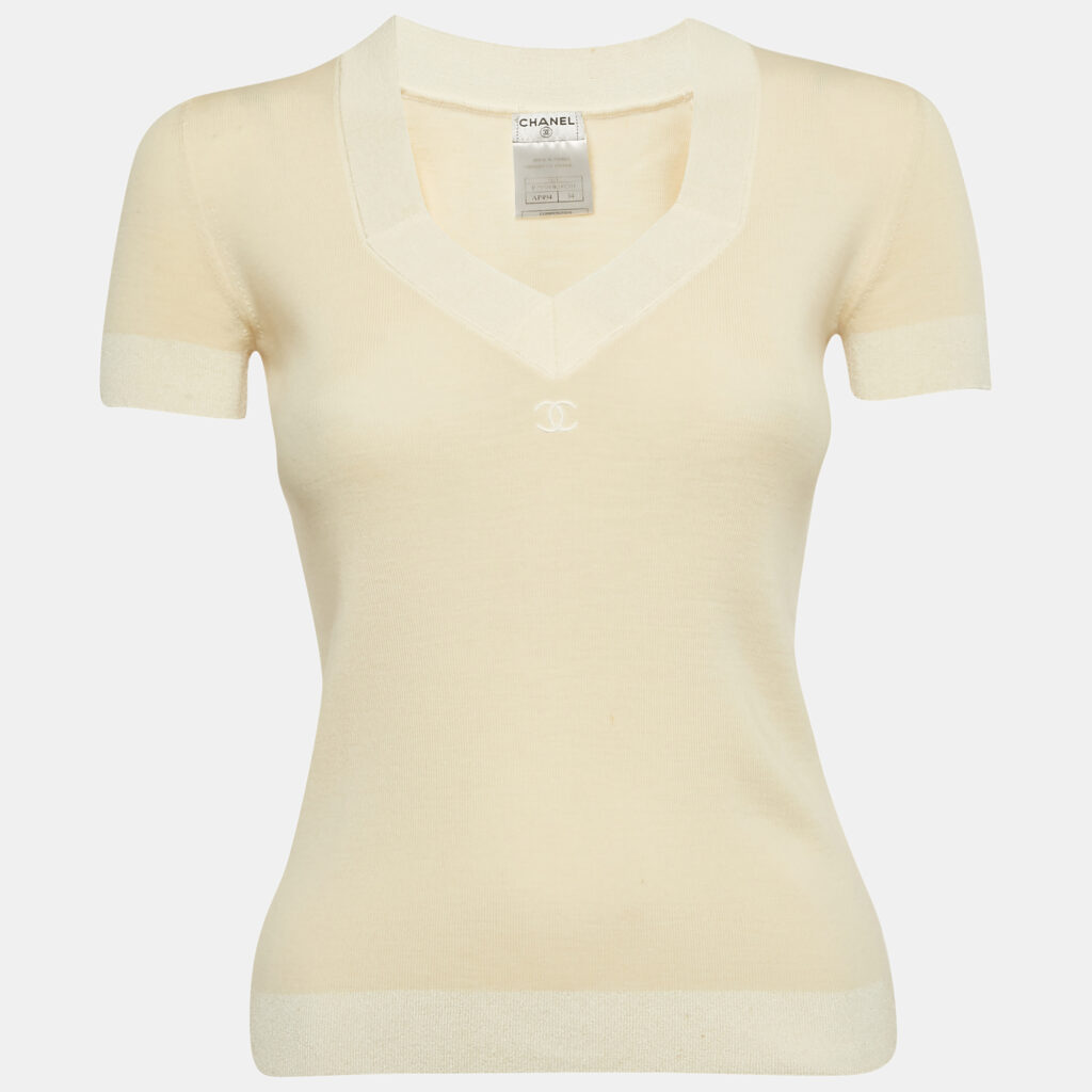 Chanel Cream Logo Embroidered Wool Sweater Top S Chanel Cream Logo Embroidered Wool Sweater Top S