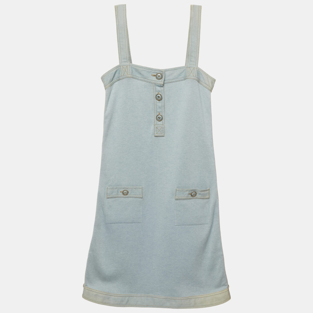 Chanel Blue Knit Denim Trim Mini Dress S Chanel Blue Knit Denim Trim Mini Dress S