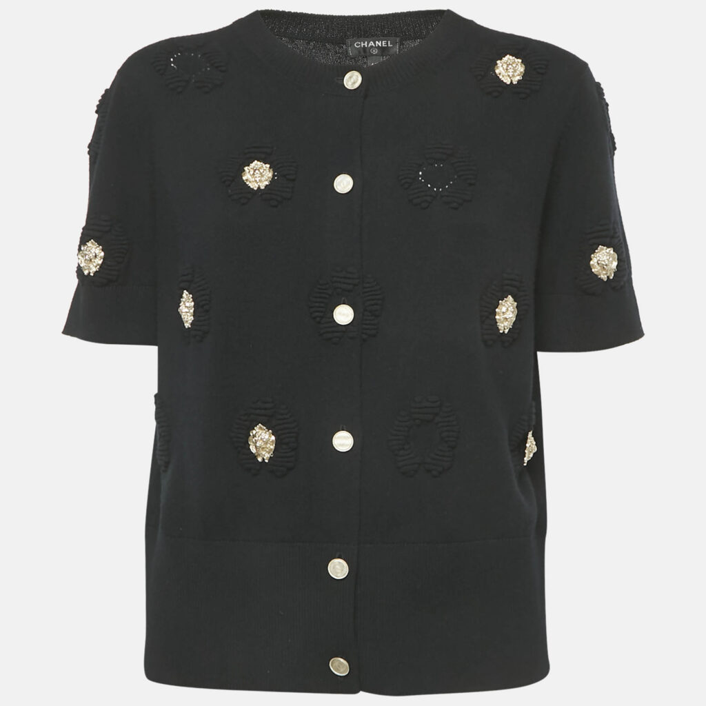 Chanel Black Cashmere Lion Charm Embellished Cardigan XL