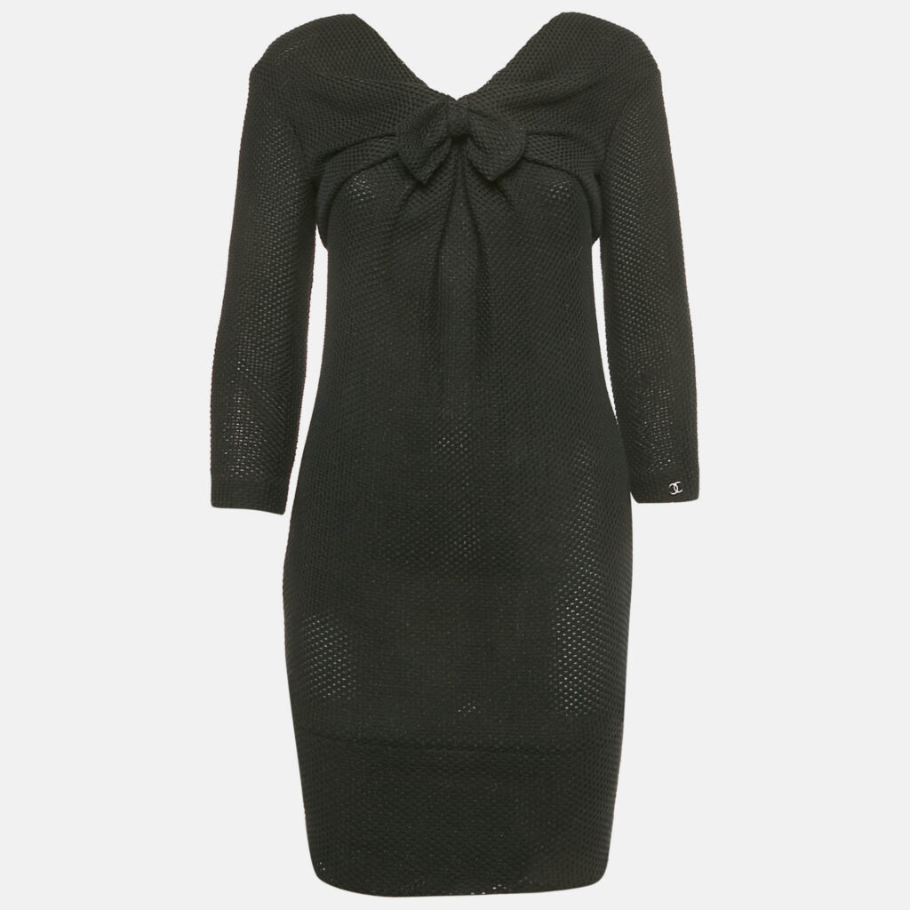 luxury-women-chanel-used-clothes-p1249858-007-1.jpg Chanel Vintage Black Cotton Knit Bow Detail Mini Dress S
