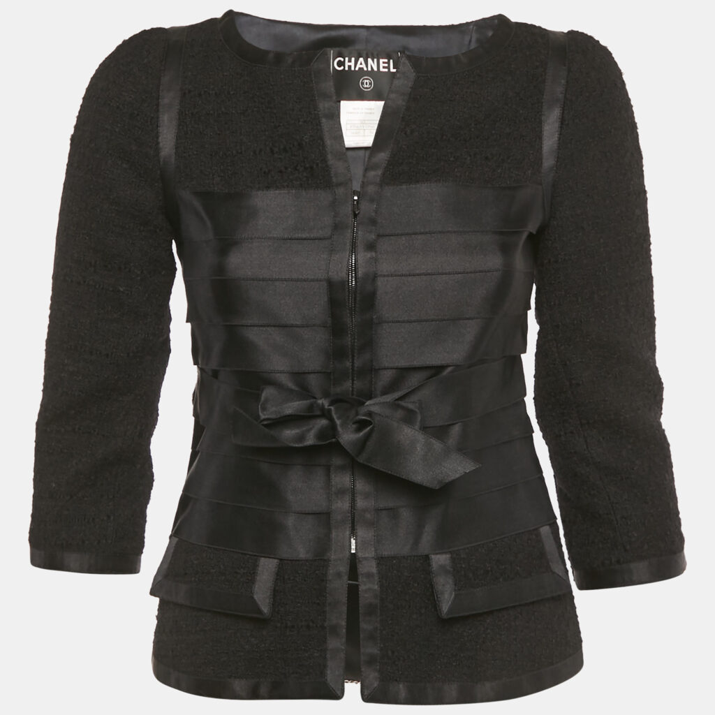 Chanel Black Tweed Belted Jacket S Chanel Black Tweed Belted Jacket S