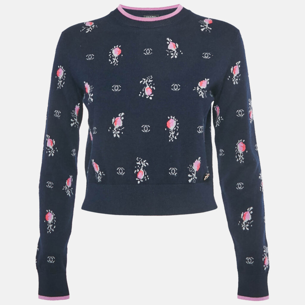 Chanel Navy Blue Patterned Cashmere Sweater S