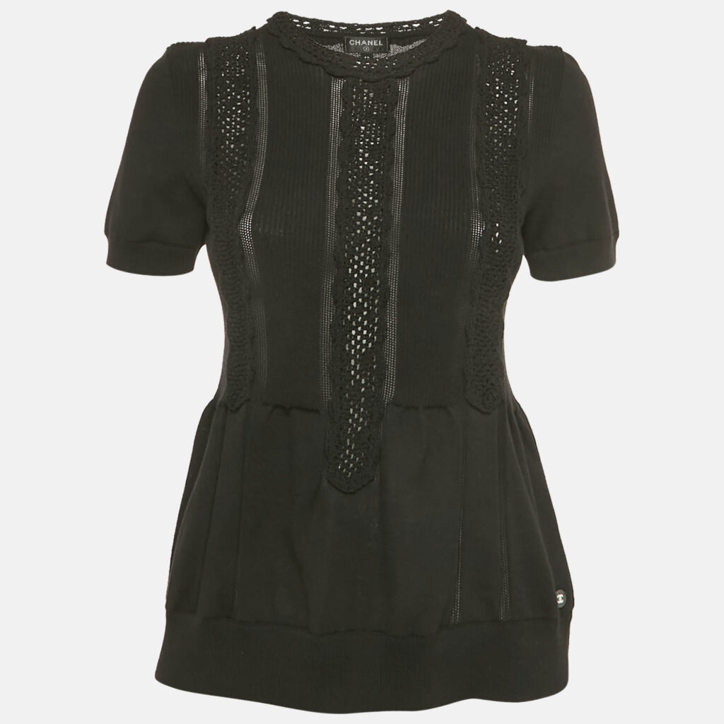 Chanel Black Cotton Knit Short Sleeve Top L