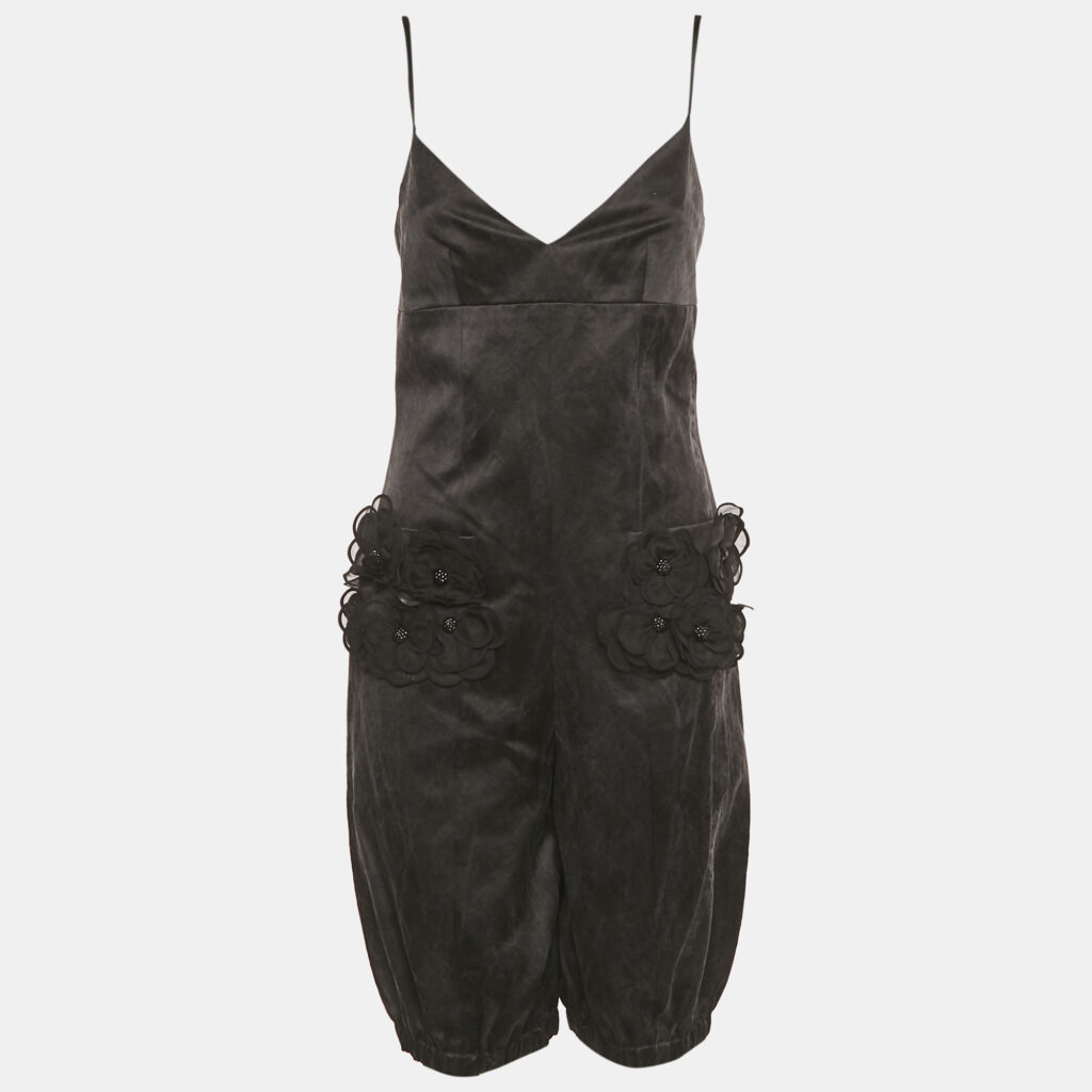 Chanel Black Floral Applique Silk Blend Playsuit S Chanel Black Floral Applique Silk Blend Playsuit S