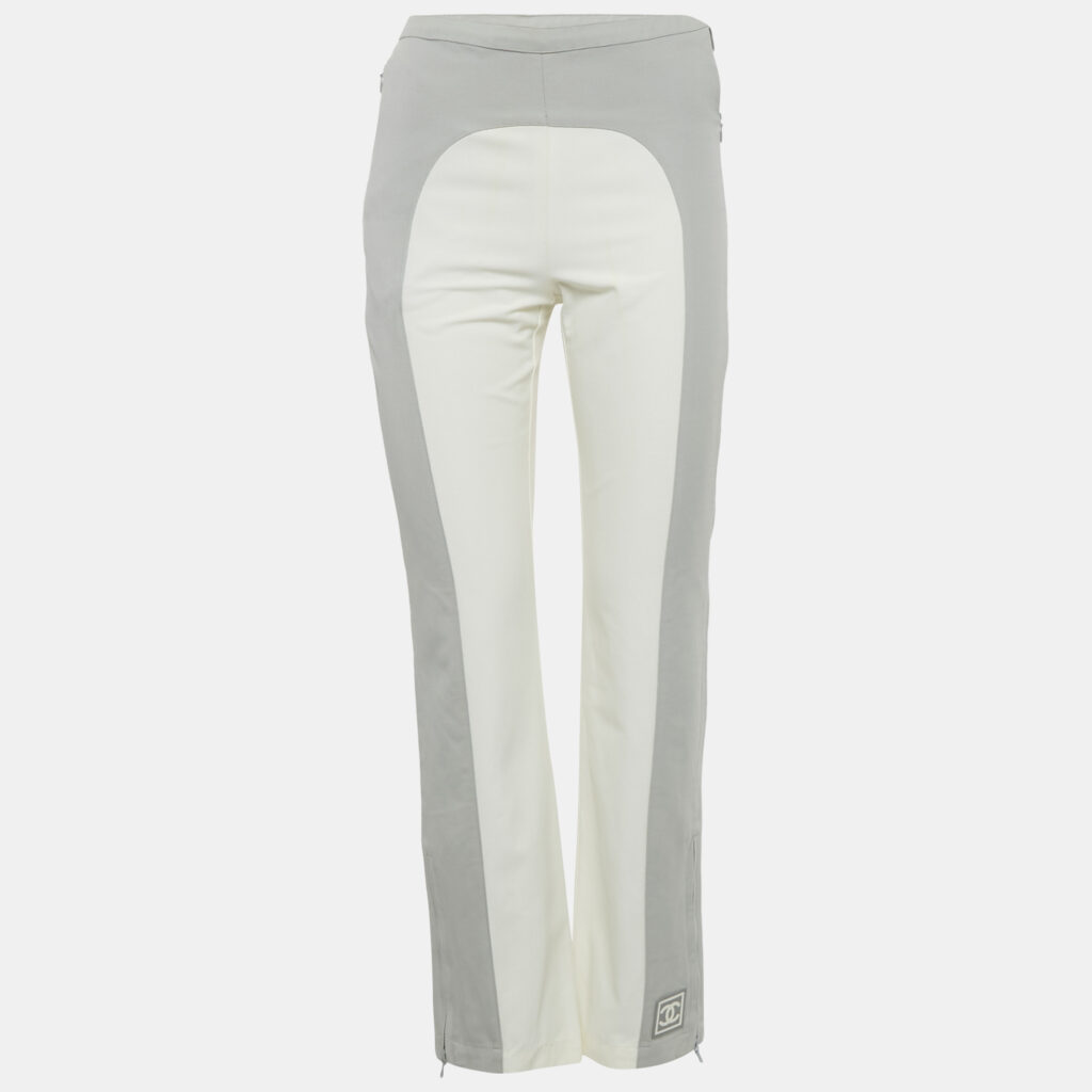 Chanel Grey /White Logo Applique Cotton & Nylon Trousers S Chanel Grey /White Logo Applique Cotton & Nylon Trousers S