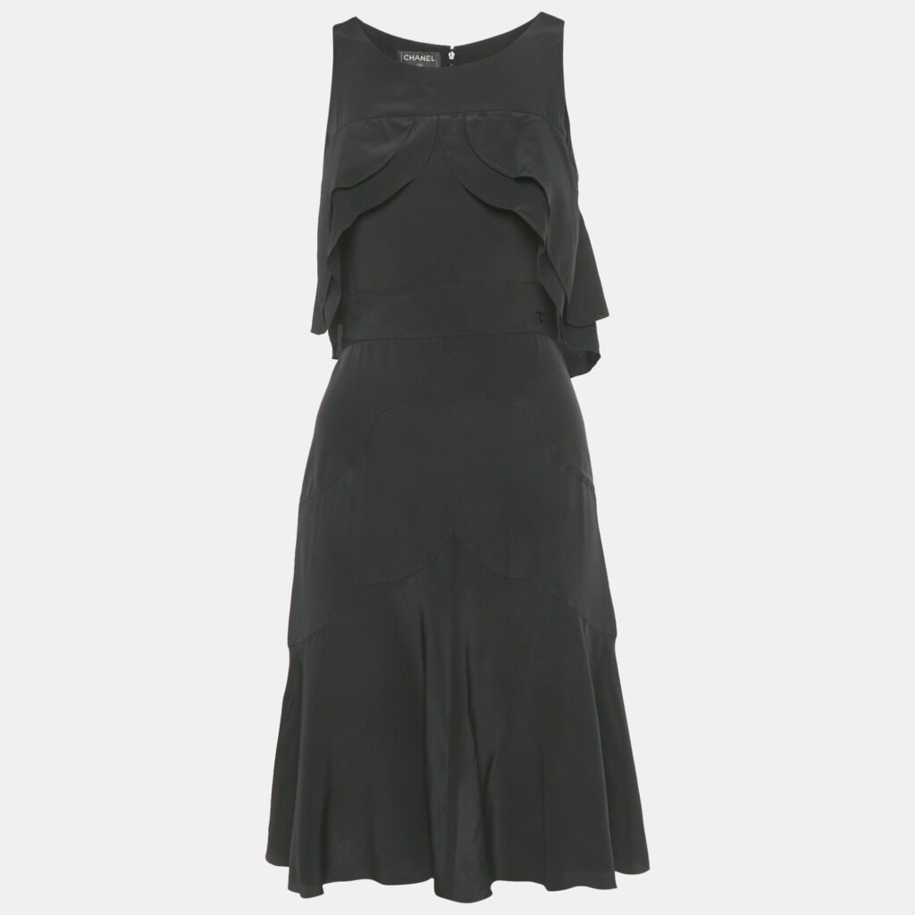 Chanel Black Silk Ruffled Sleeveless Dress S Chanel Black Silk Ruffled Sleeveless Dress S