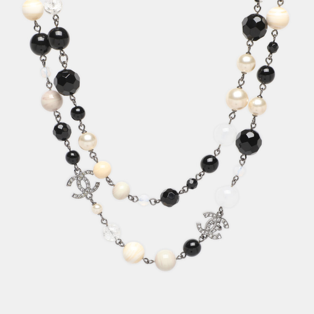 luxury-women-chanel-used-fine-jewelry-p1242255-001.jpg Chanel Multicolor Gun Metal Tone, Faux Pearl and Crystal CC Long Station Necklace