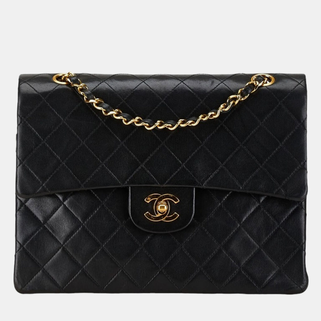 Chanel Black Lambskin Matelasse 25 Coco Mark Double Flap Chain Shoulder Bag