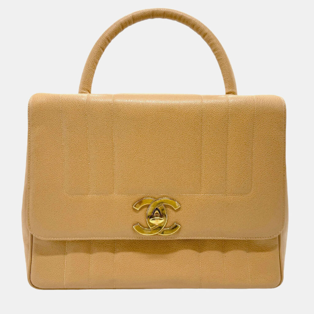 Chanel Beige Gold Caviar Skin Leather Handbag