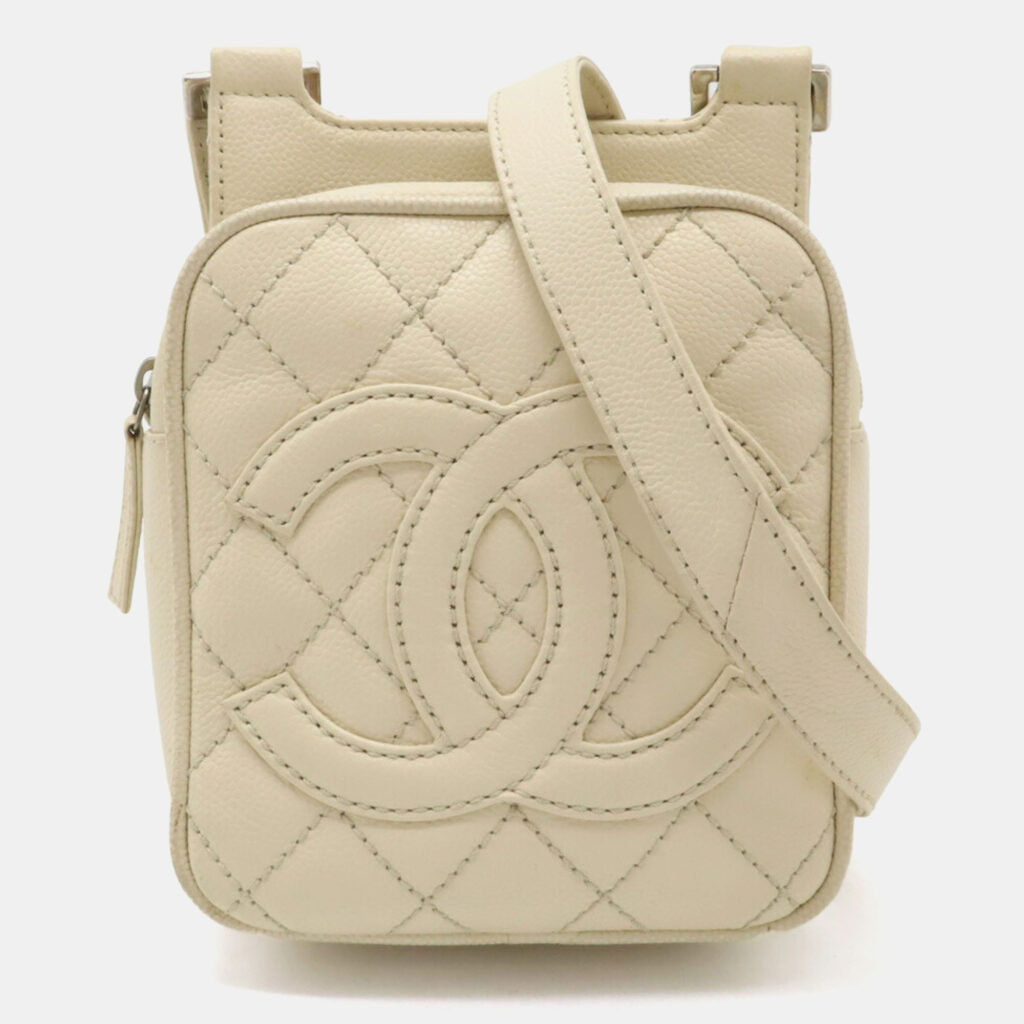 Chanel Light Beige Caviar Skin Leather Matelasse Coco Mark Pochette Bag