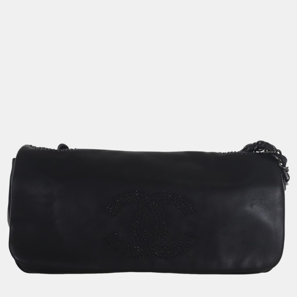 Chanel Black Lambskin Studded CC East West Shoulder Bag Chanel Black Lambskin Studded CC East West Shoulder Bag