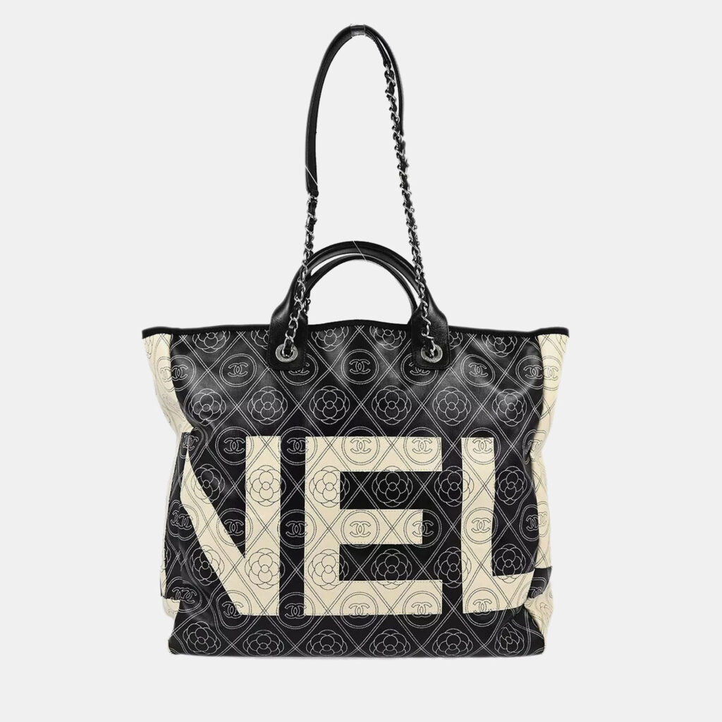 Chanel Black Printed Coated Canvas Logo Camellia Shopping Tote Bag Chanel Black Printed Coated Canvas Logo Camellia Shopping Tote Bag