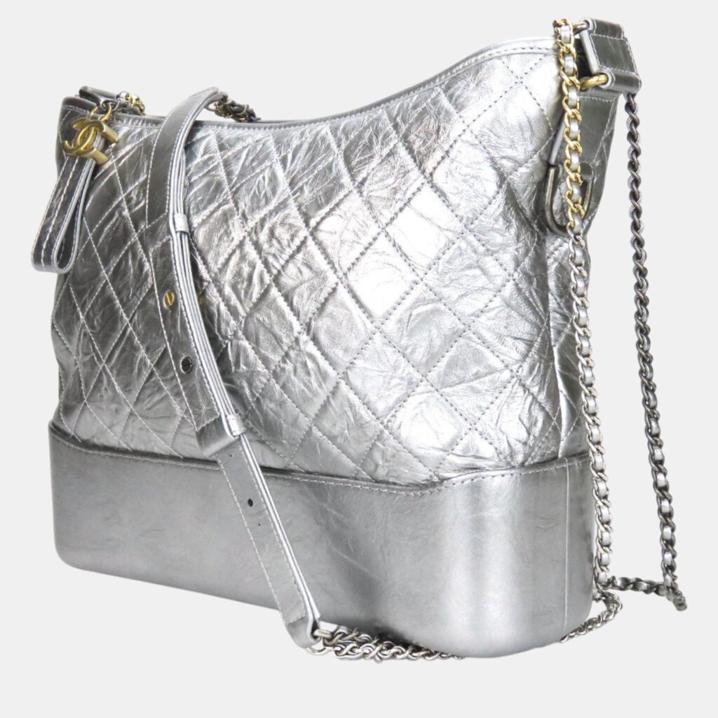 Chanel Leather Silver Metallic Gabrielle Chain Large Hobo Shoulder Bag