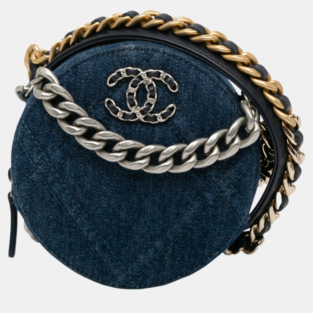Chanel Blue Denim 19 Round Clutch with Chain Chanel Blue Denim 19 Round Clutch with Chain