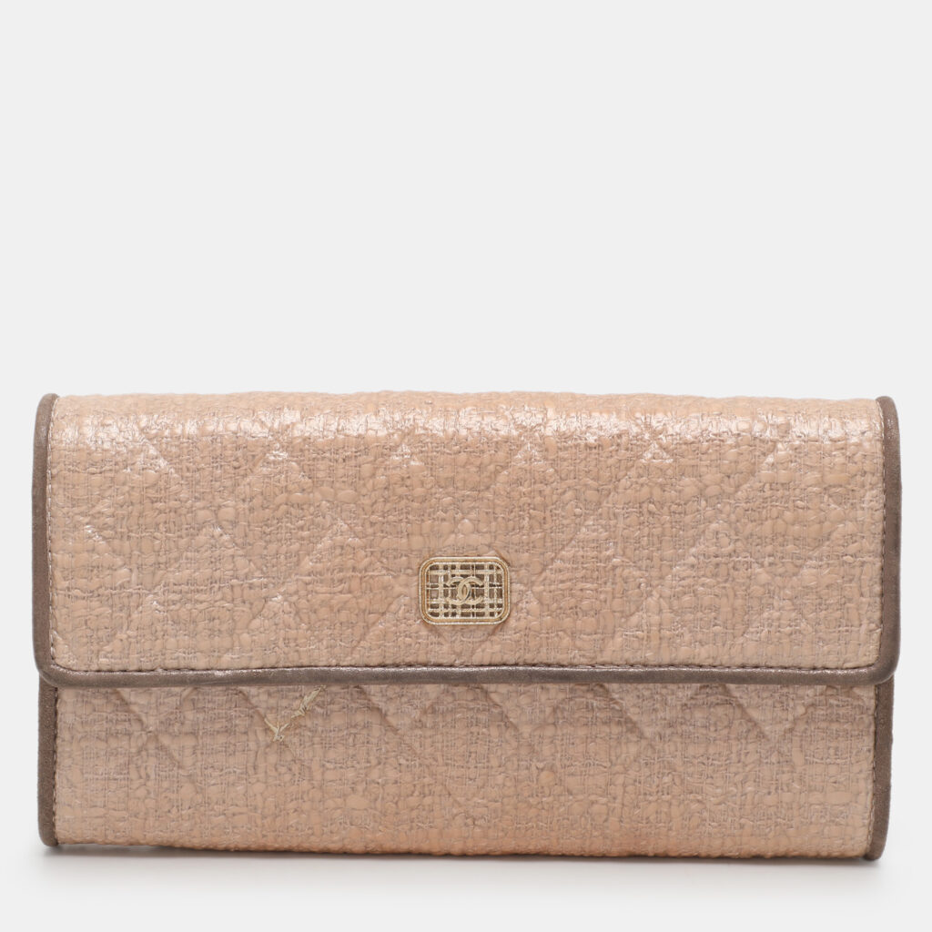 Chanel Beige Coated Tweed CC Flap Wallet