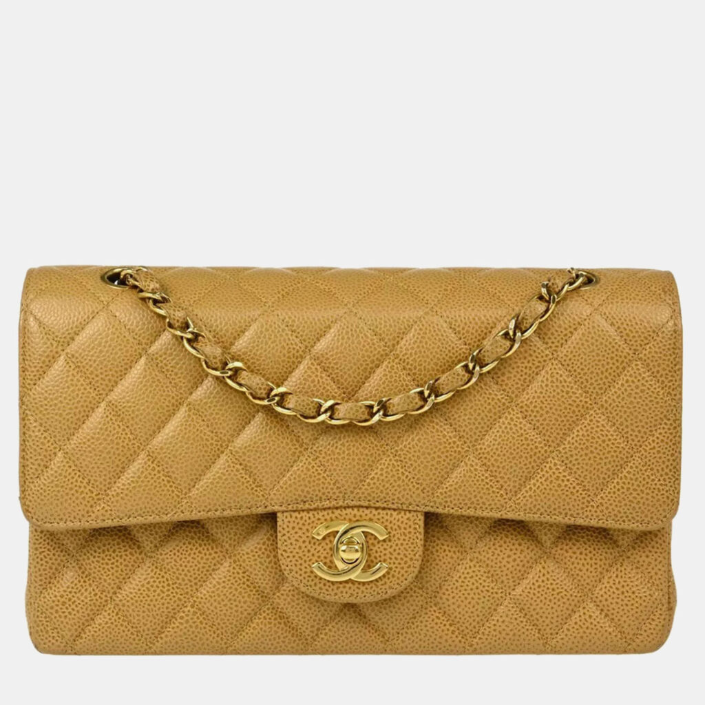 Chanel Beige Caviar Leather Medium Classic Double Flap Shoulder Bag Chanel Beige Caviar Leather Medium Classic Double Flap Shoulder Bag