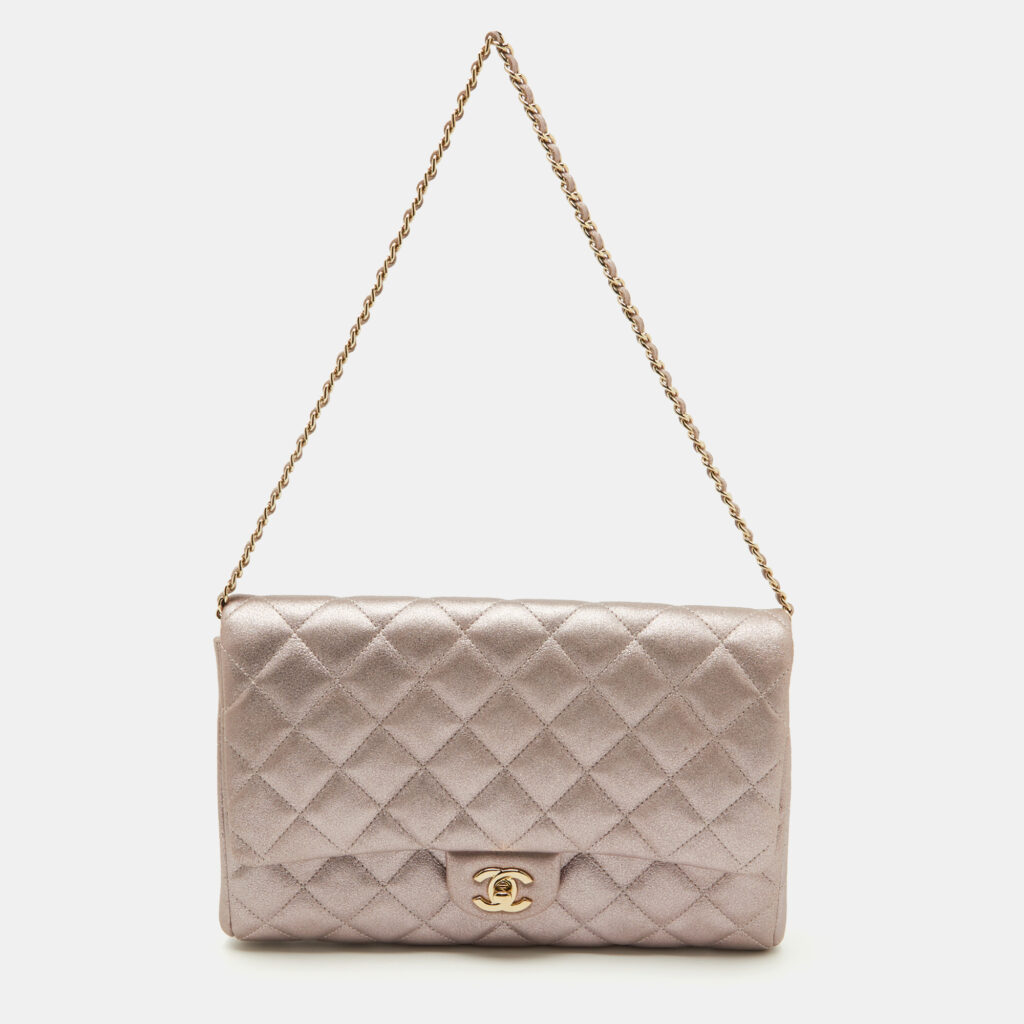 Chanel Metallic Pink Quilted Leather Chain Flap Clutch
