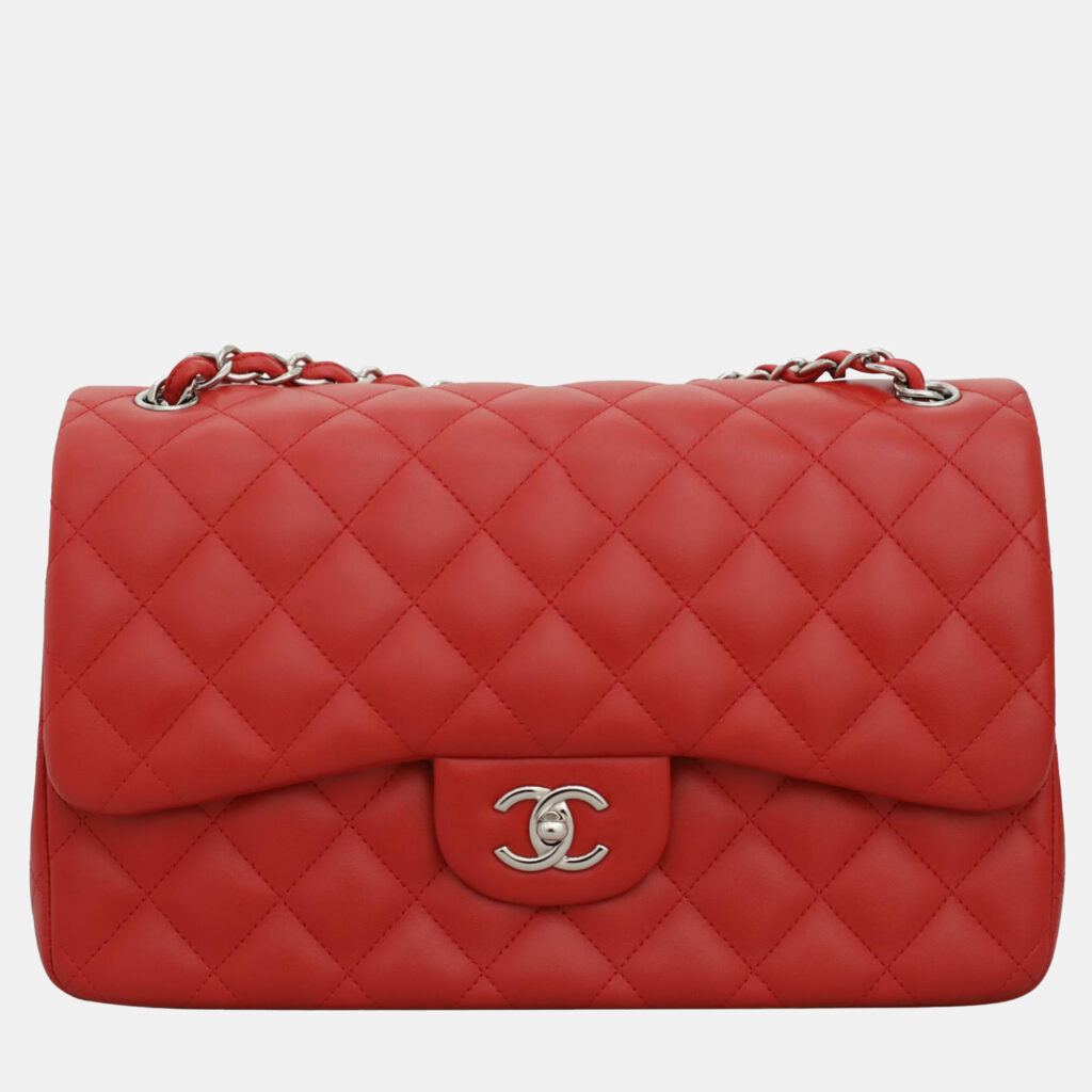 Chanel Red Quilted Lambskin Leather Jumbo Classic Double Flap Bag