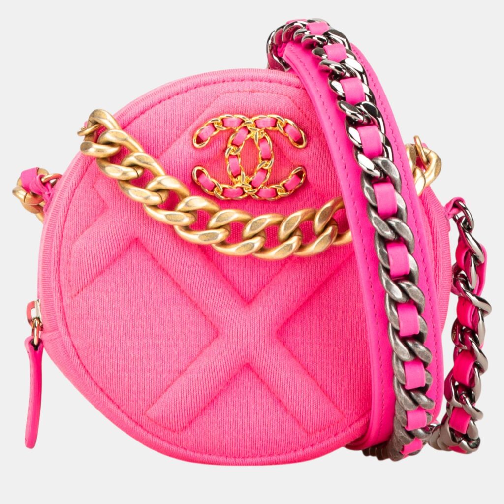Chanel Pink Jersey 19 Round Clutch on Chain Bag Chanel Pink Jersey 19 Round Clutch on Chain Bag