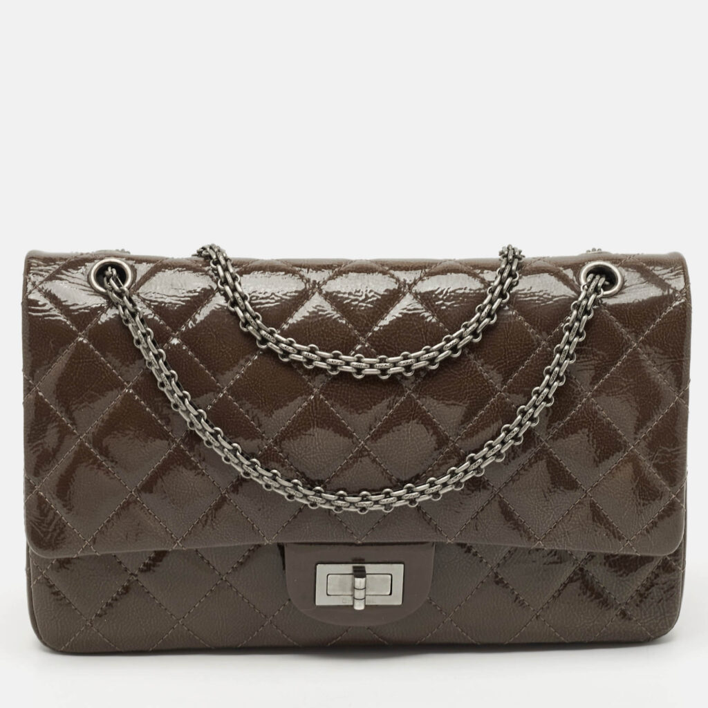 luxury-women-chanel-used-handbags-p1128951-013-1.jpg Chanel Olive Green Quilted Patent Leather Classic 227 Reissue 2.55 Flap Bag