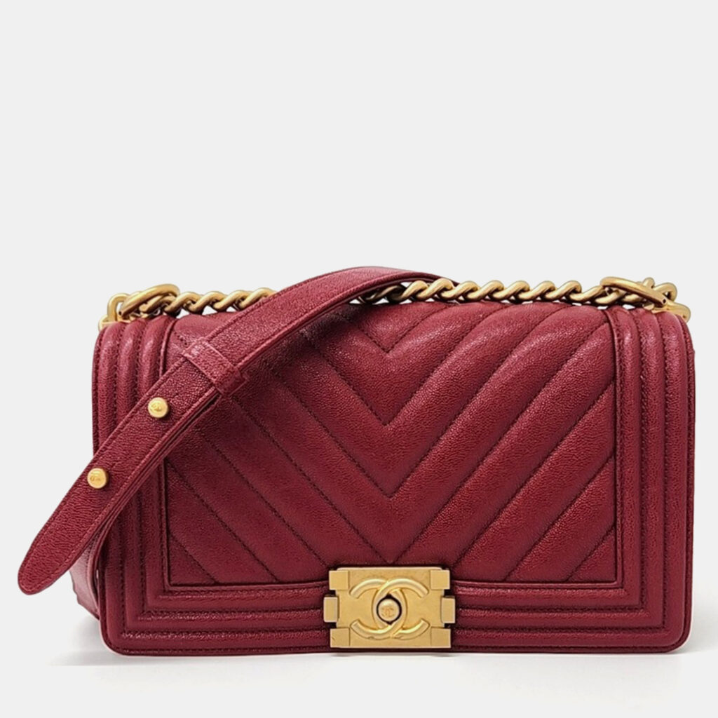 Chanel Red Leather Chevron Boy Medium Shoulder Bag