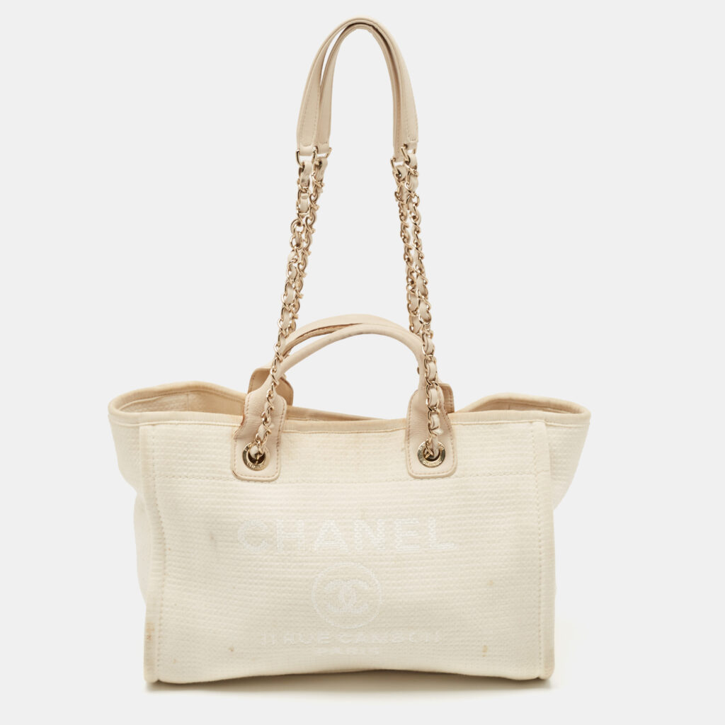 Chanel Light Beige Canvas and Leather Small Deauville Shopper Tote Chanel Light Beige Canvas and Leather Small Deauville Shopper Tote