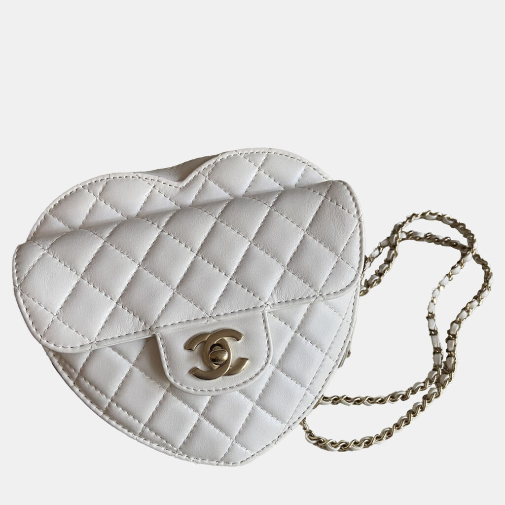 Chanel Pearl White Leather CC In Love Heart Chain Shoulder Bag