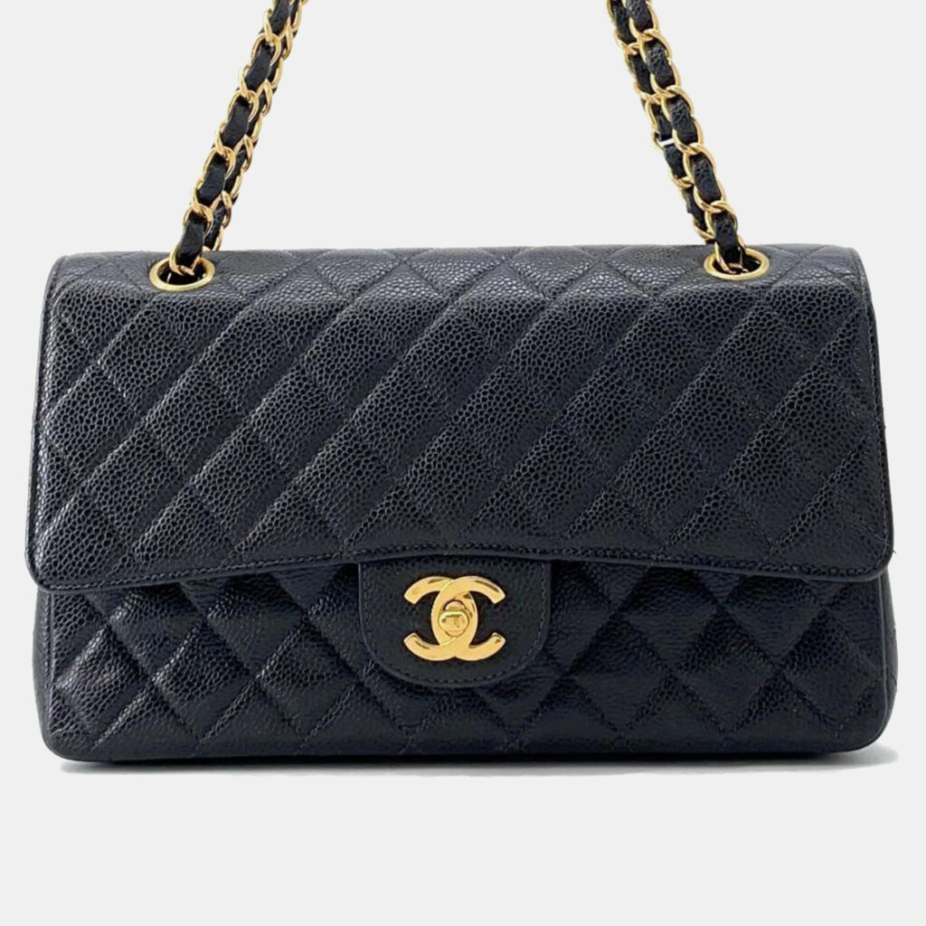 Chanel Matelasse Double Flap Chain Black Caviar Leather shoulder Bag