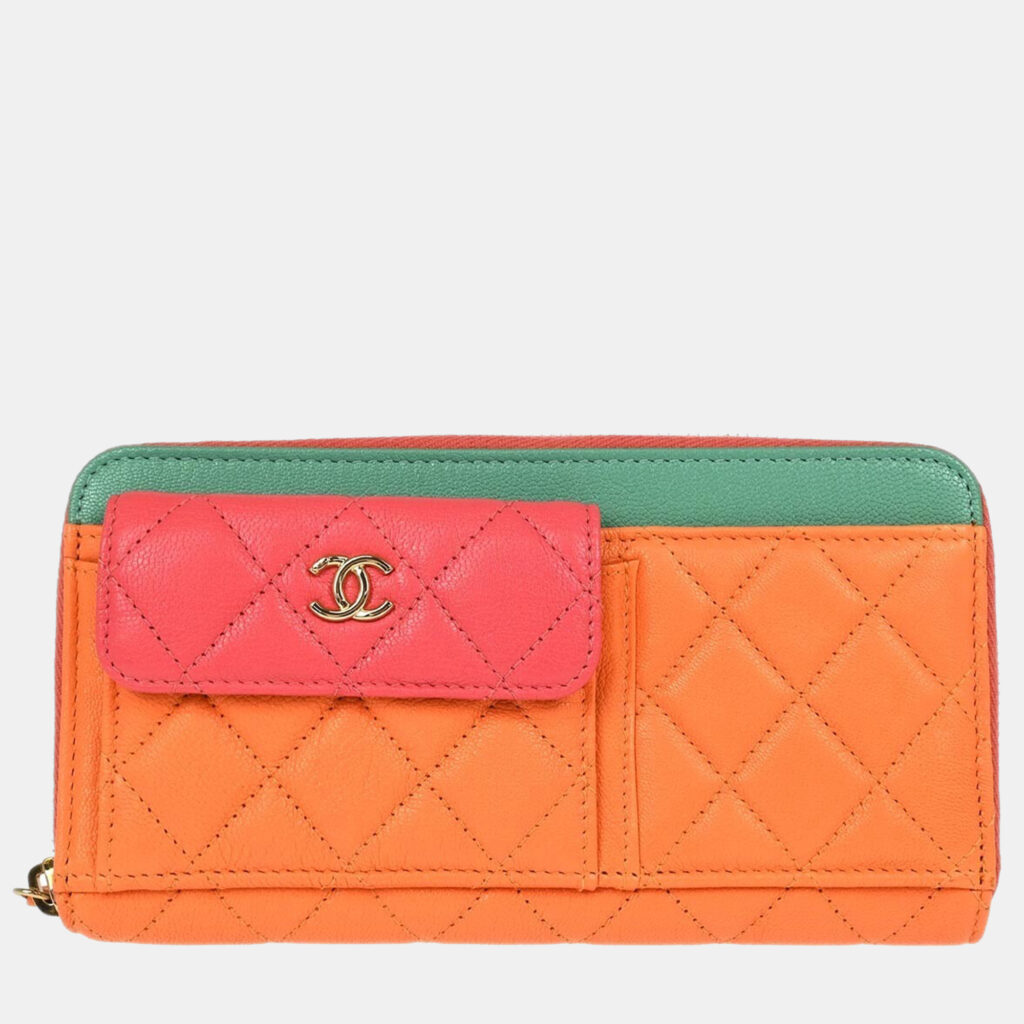 Chanel Long Orange/Pink Calfskin Leather Wallet