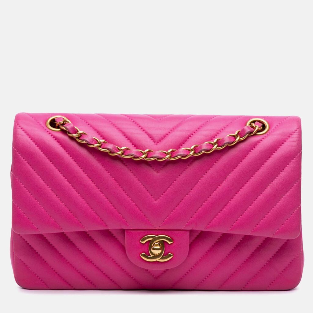 Chanel Pink Medium Classic Chevron Lambskin Double Flap Chanel Pink Medium Classic Chevron Lambskin Double Flap