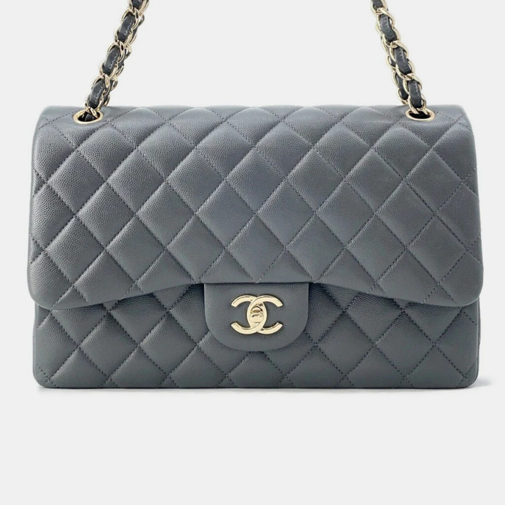 Chanel Jumbo Classic Double Flap Grey Caviar Leather Chain Shoulder Bag Chanel Jumbo Classic Double Flap Grey Caviar Leather Chain Shoulder Bag