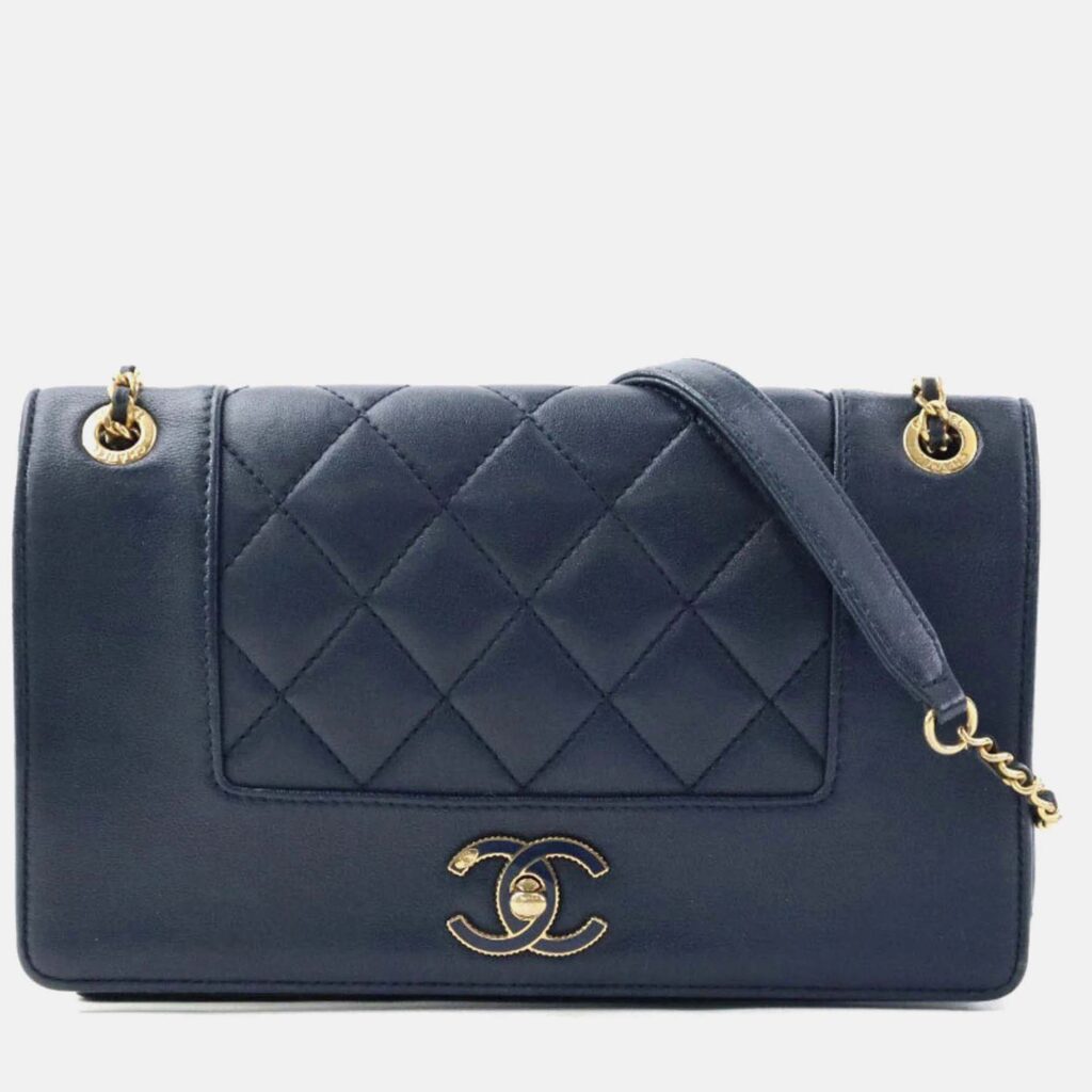 Chanel Shoulder Bag Leather Metal Navy Gold Chanel Shoulder Bag Leather Metal Navy Gold