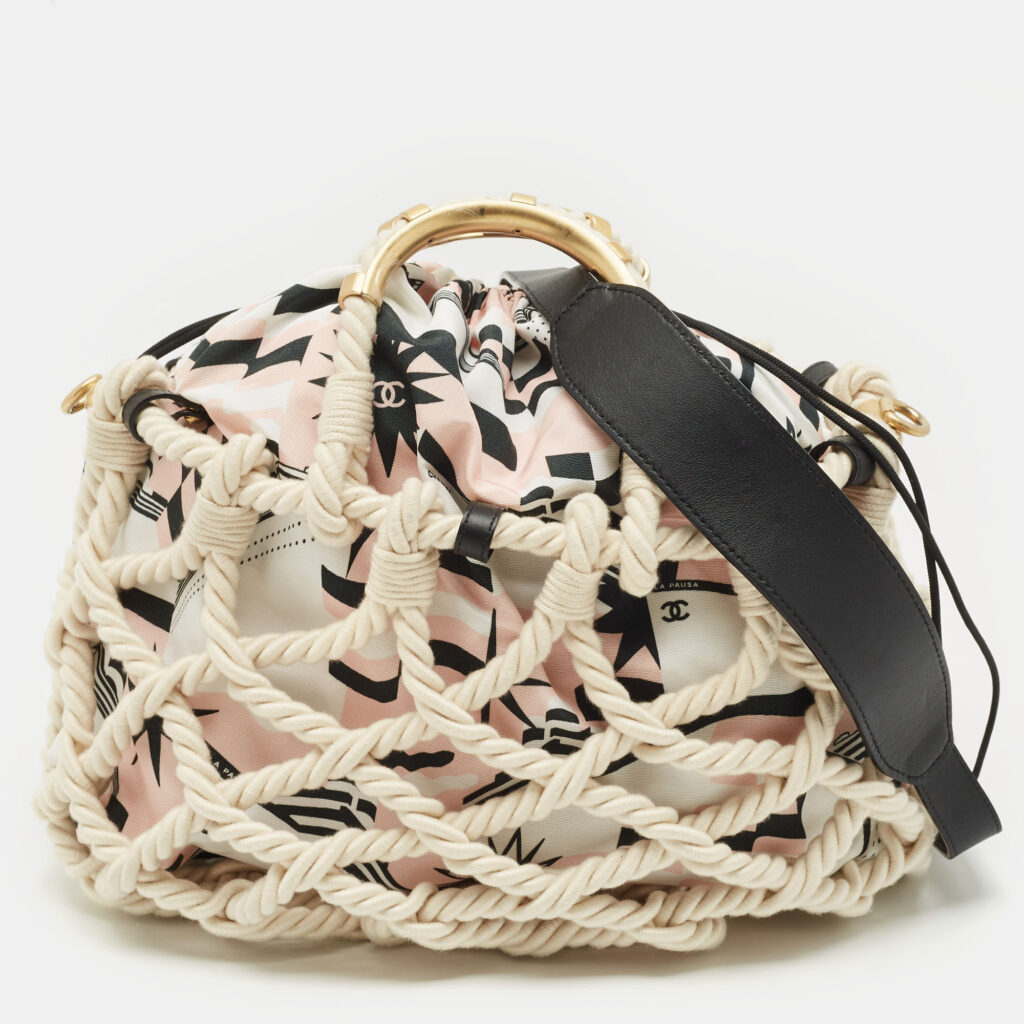 Chanel White/Multicolor Printed Fabric and Rope Shopper Tote Chanel White/Multicolor Printed Fabric and Rope Shopper Tote